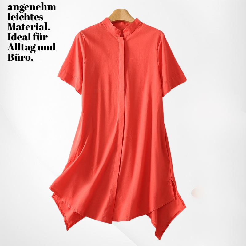 Damen Sommer Hemd 2025, Einfarbig, Locker, Stehkragen, Kurzarm, Mittellang #2606