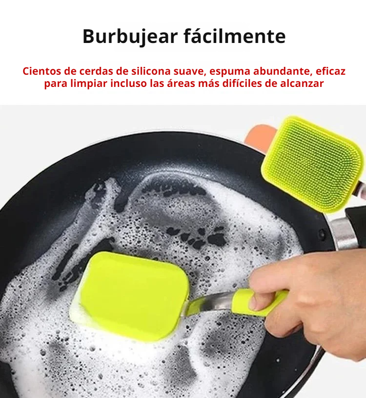Cepillo de silicona limpiando una olla sin rayar la superficie