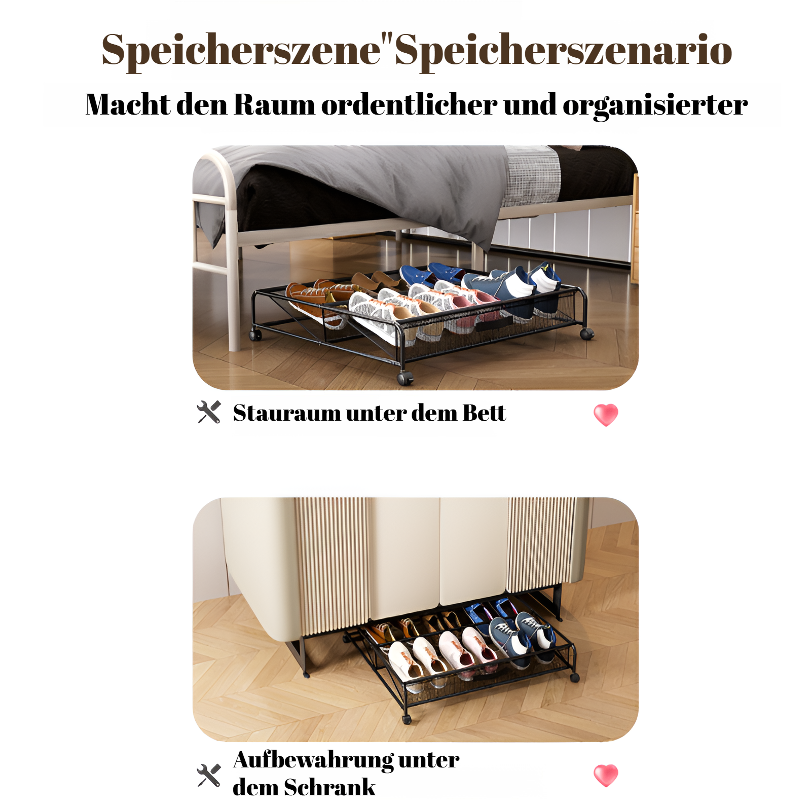 Platzsparendes Schuhregal für eine ordentliche Aufbewahrung unter dem Bett