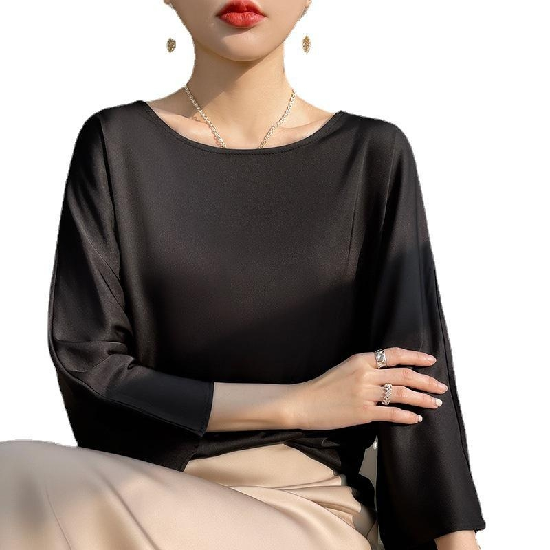 실크 뽕나무 실크 패션 상의 반팔 티셔츠 여 여름 코디 초산 새틴 반팔 상의 얇은 디자인감