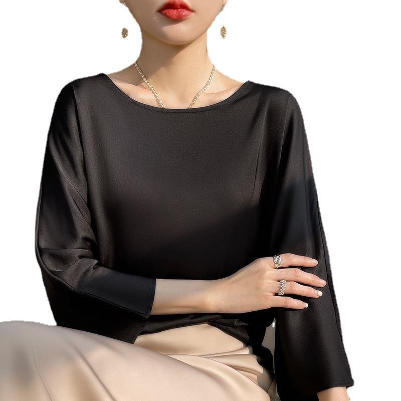 실크 뽕나무 실크 패션 상의 반팔 티셔츠 여 여름 코디 초산 새틴 반팔 상의 얇은 디자인감