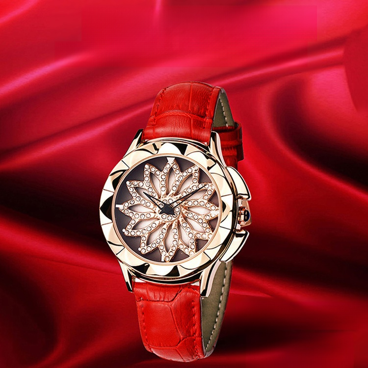 【レディース回転腕時計】高級感　精緻　キラキラ　回るダイヤル　防水　本革ベルト