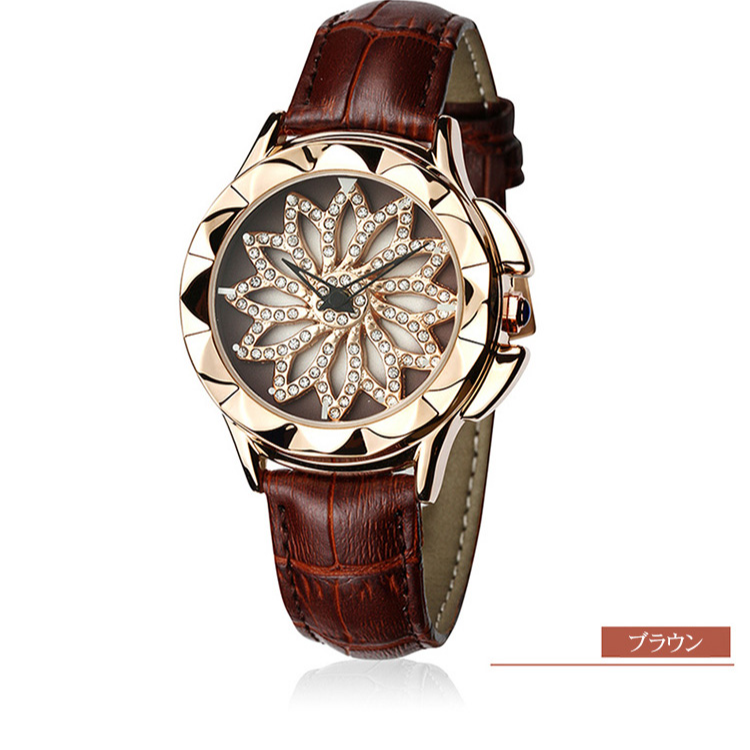 【レディース回転腕時計】高級感　精緻　キラキラ　回るダイヤル　防水　本革ベルト
