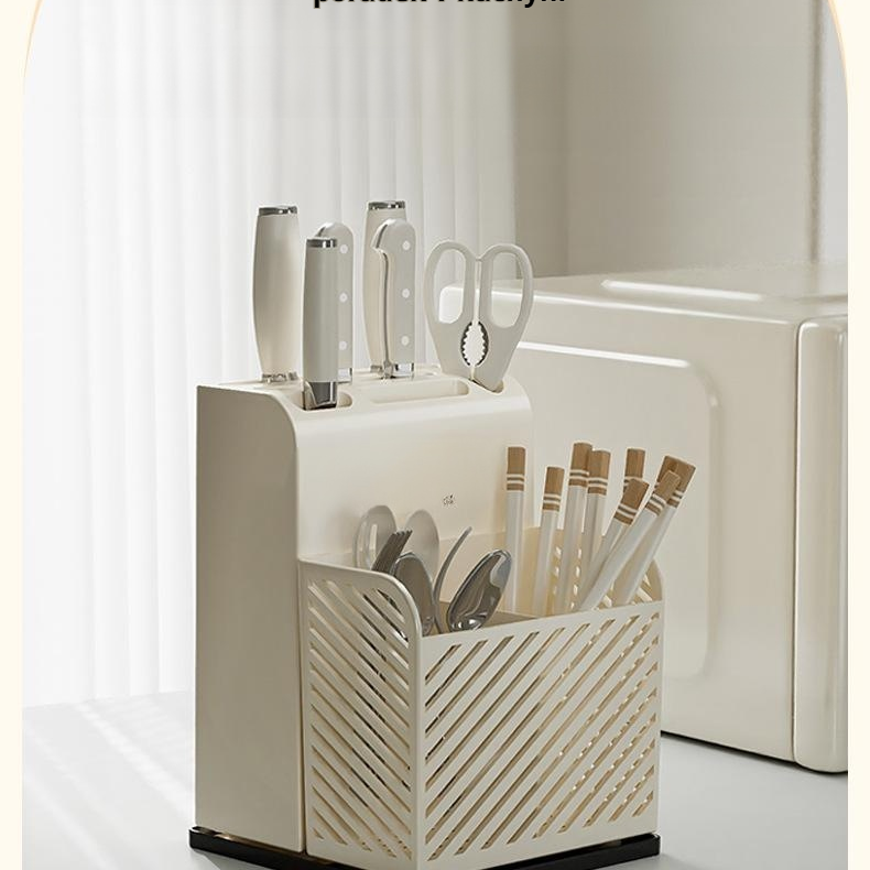 Krémový stojan na kuchyňské náčiní, držák na nože a hůlky, úložný organizér na stůl