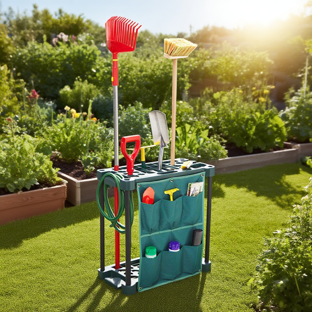 屋外で使用されているガーデンツールラック