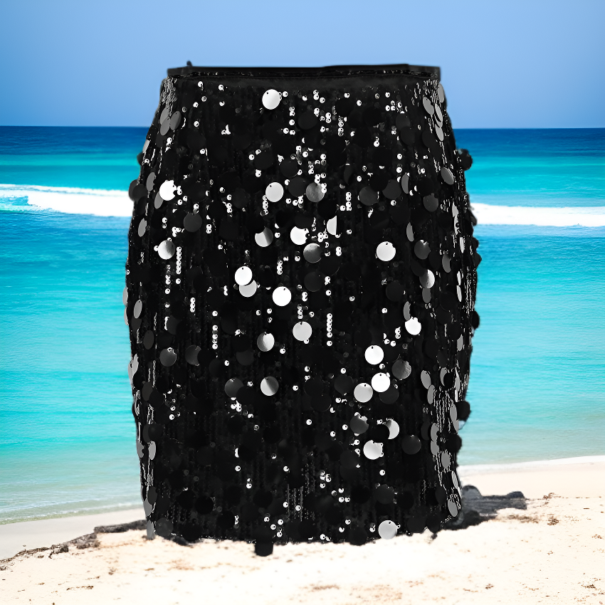 하이웨이스트 솔리드 컬러 스팽글 스커트