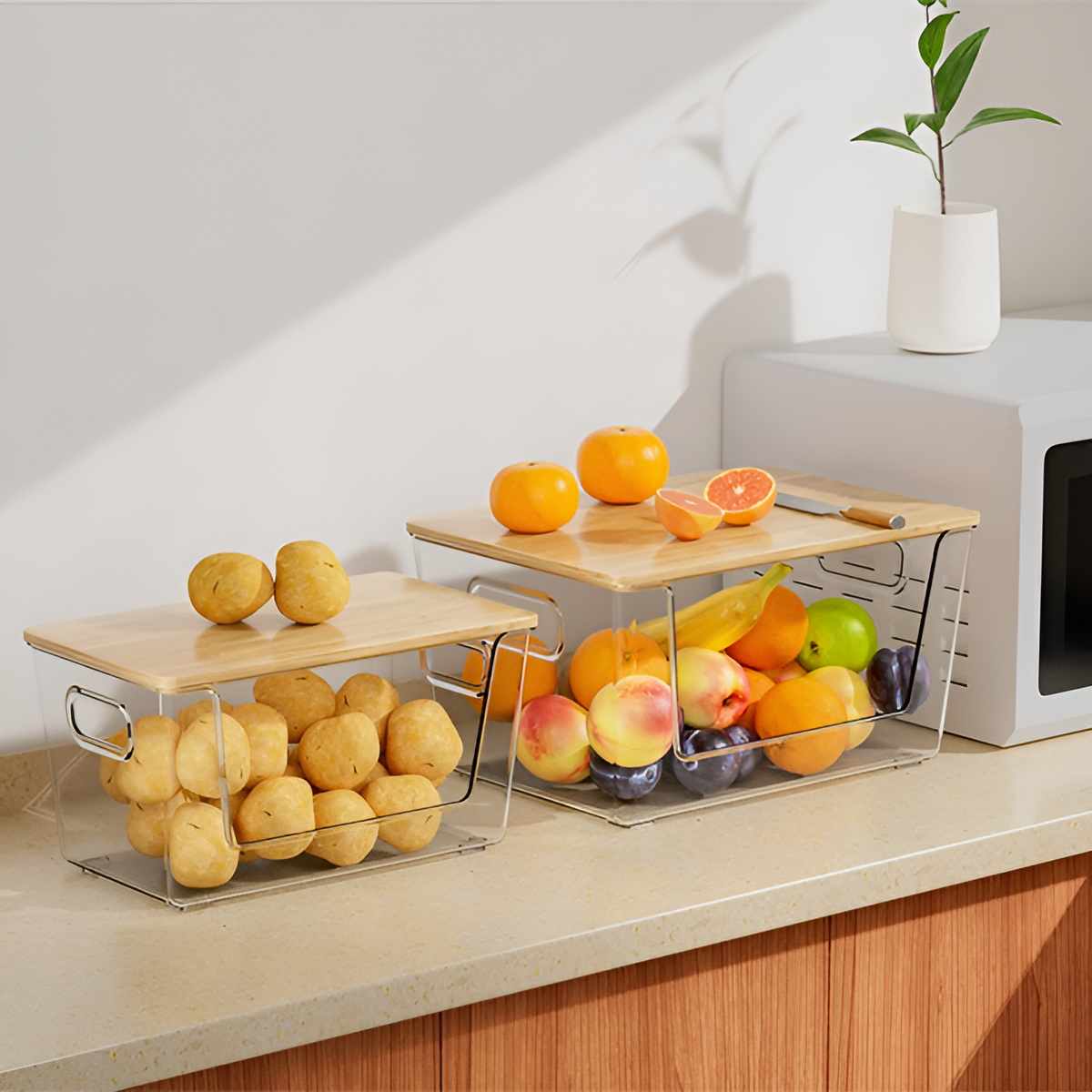 멀티 데스크 라지 수납함 대용량 다용도 가정용 투명 대나무 뚜껑 수납함