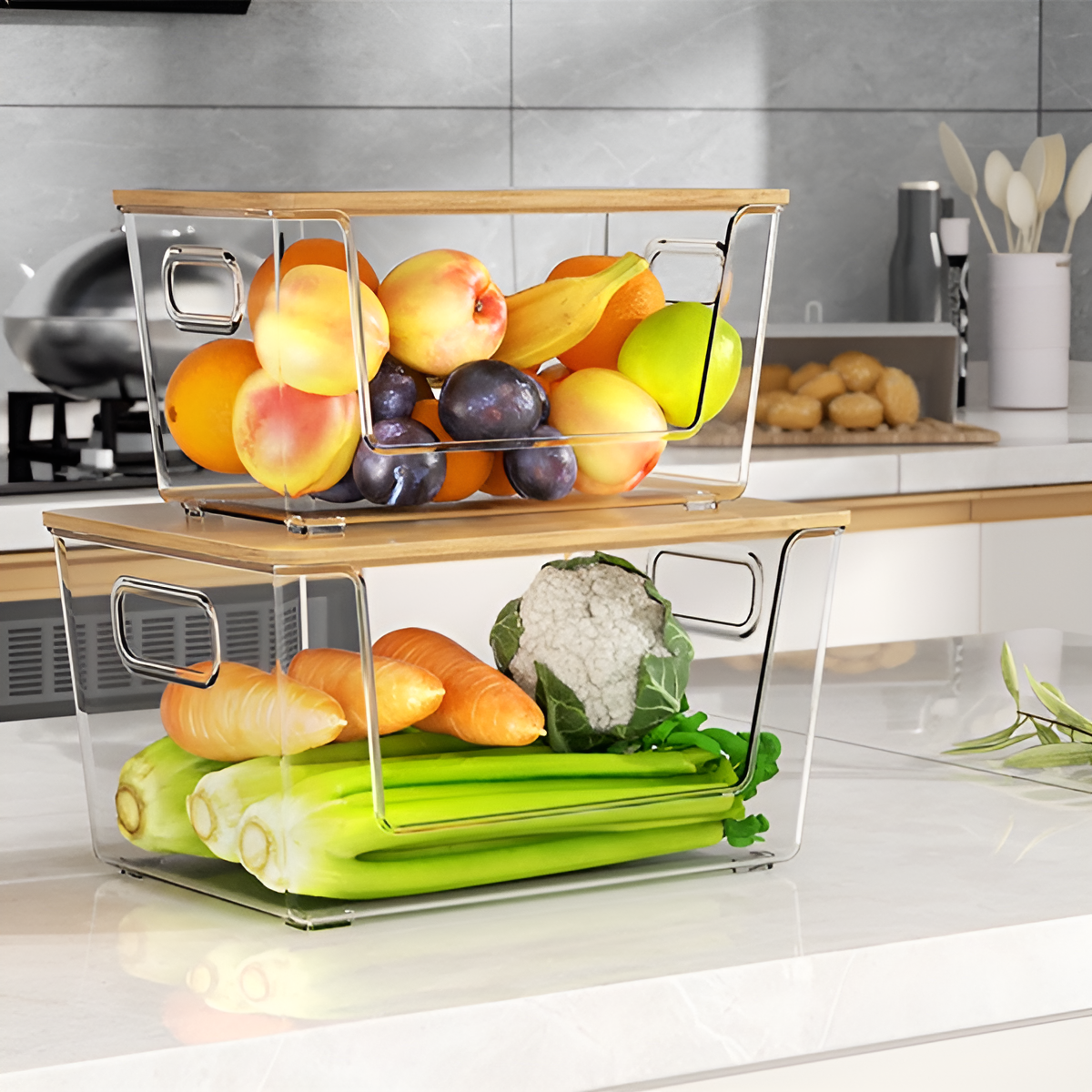 大容量の竹製カバーPET収納ボックスデスクトップ多層収納ラック透明大型多機能家庭用収納ボックス