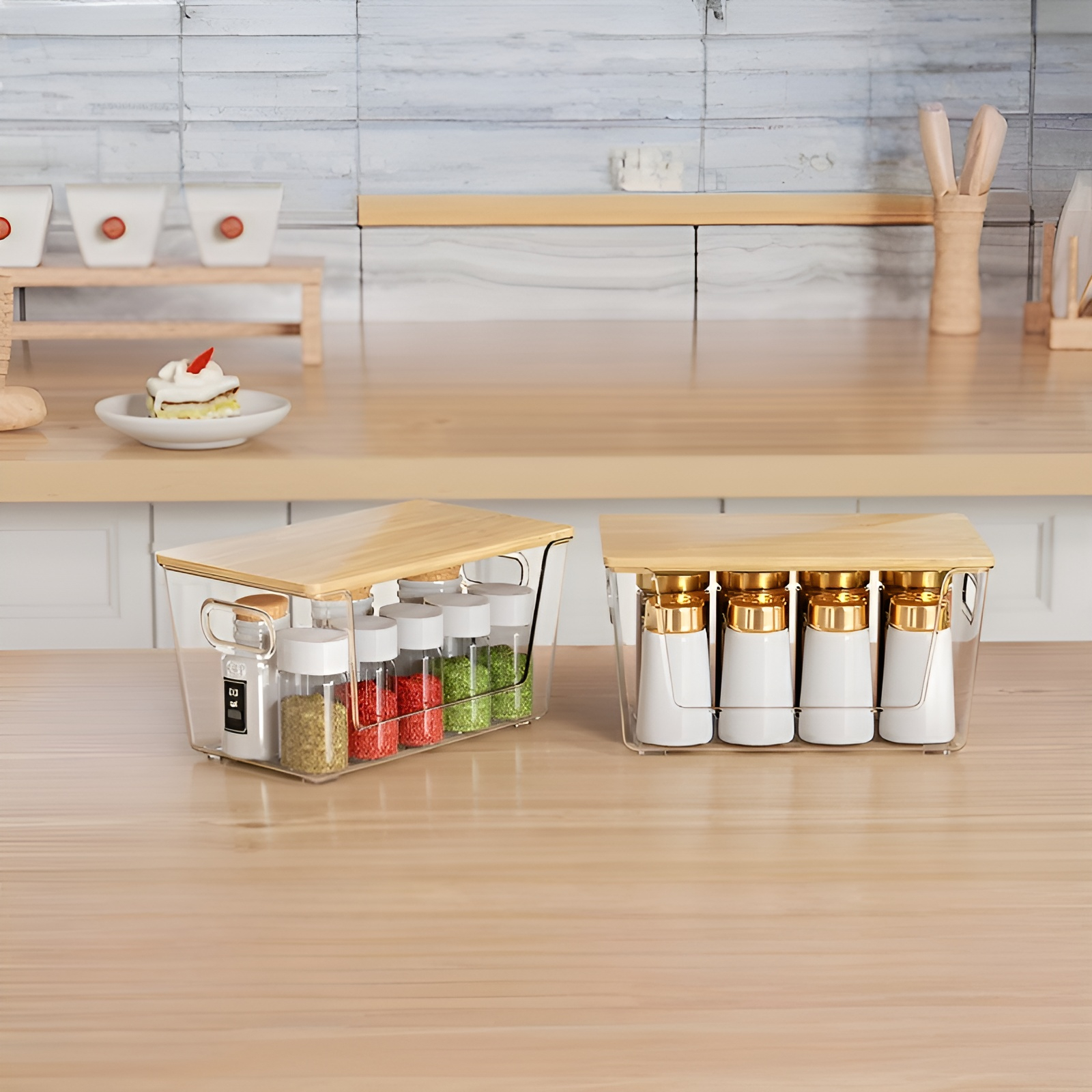 멀티 데스크 라지 수납함 대용량 다용도 가정용 투명 대나무 뚜껑 수납함