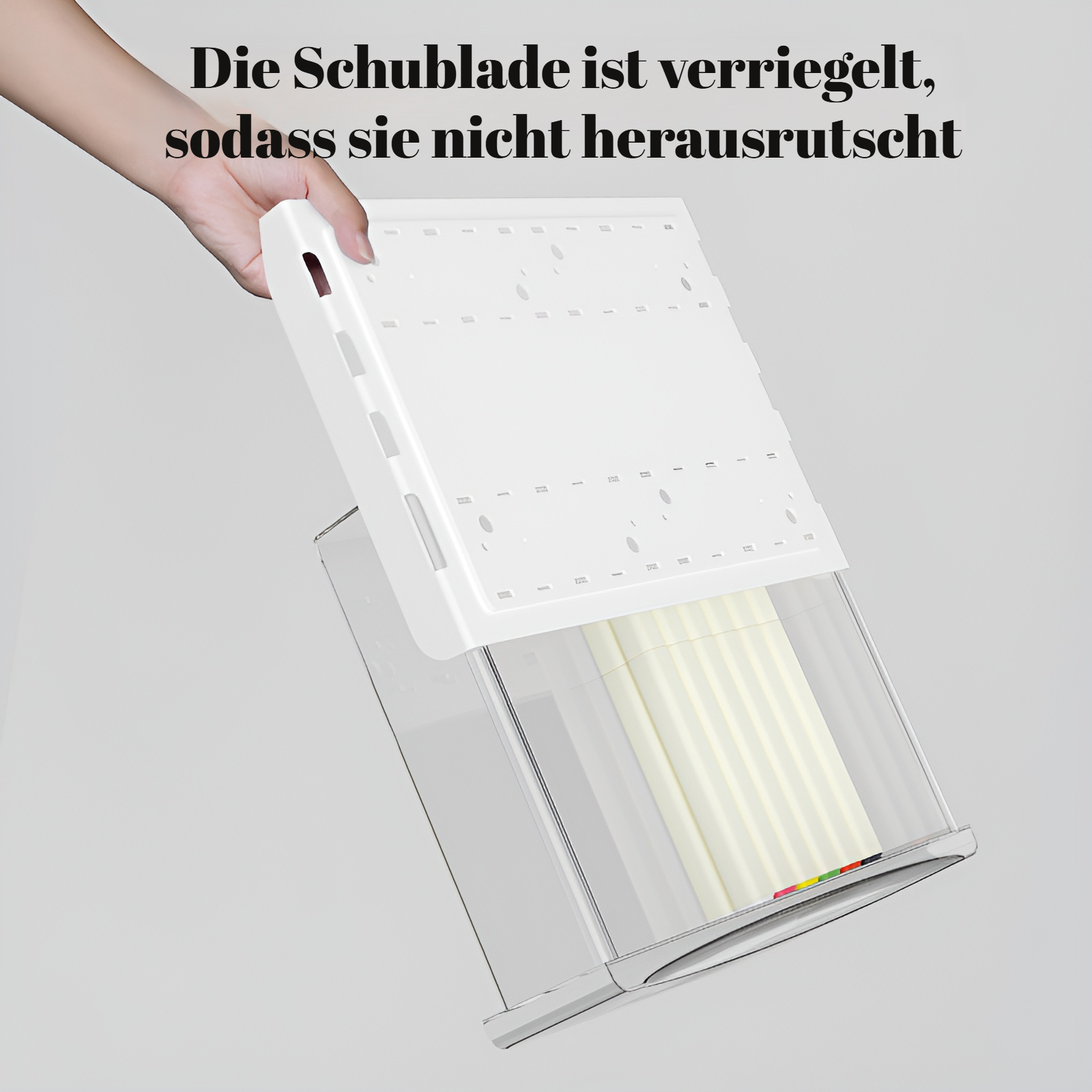 Die Schublade unter dem Tisch verfügt über einen Balken, der ohne Nägel oder Stanzen angehoben werde