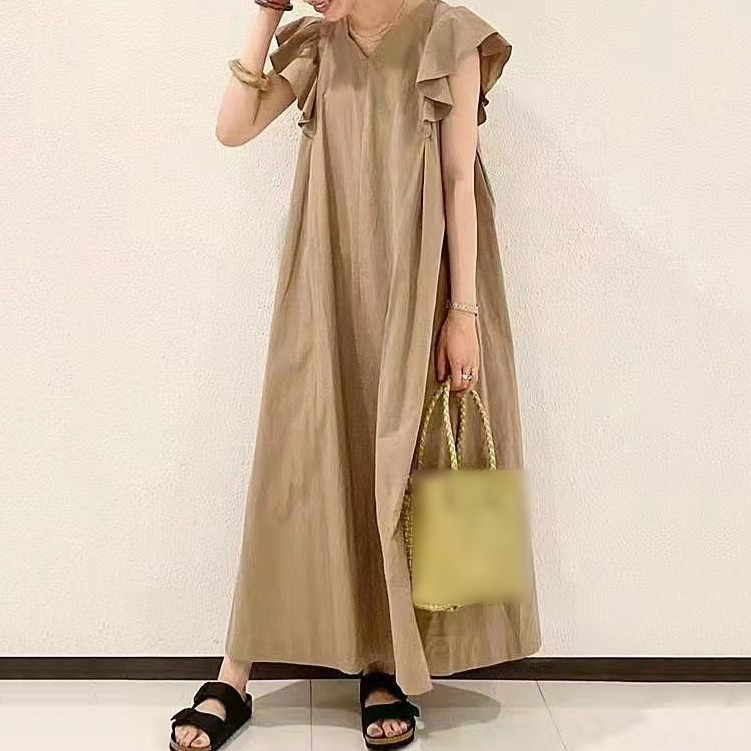 人気新作フリルスリーブAライン無地ルーズワンピース