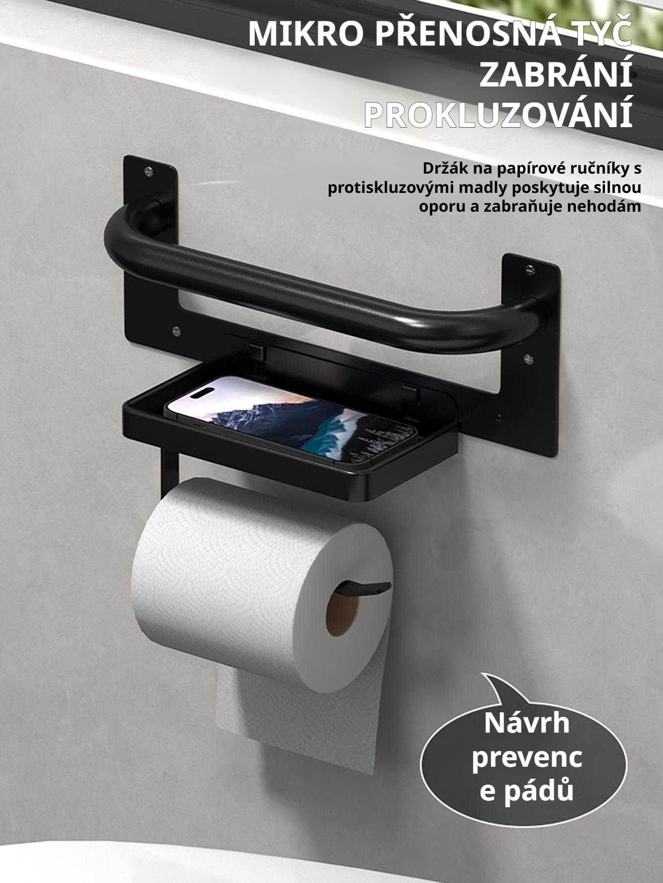 Držák toaletního papíru s madly pro bezpečné použití