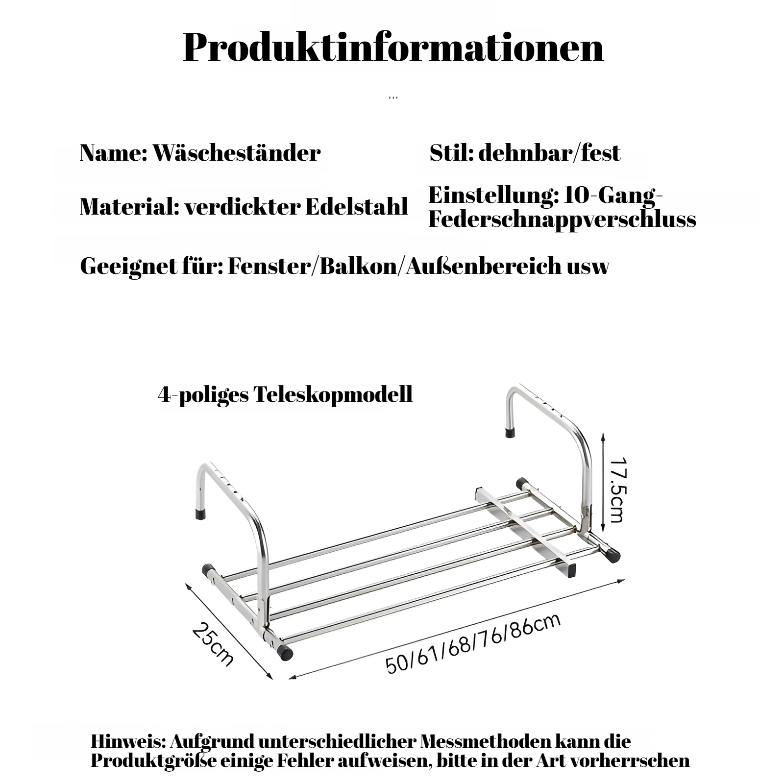 Punch-freies Edelstahl-Wäschetrockner-Gestell Innenbalkon bewegliche Fensterbank Teleskop-Klapp-Wäsc