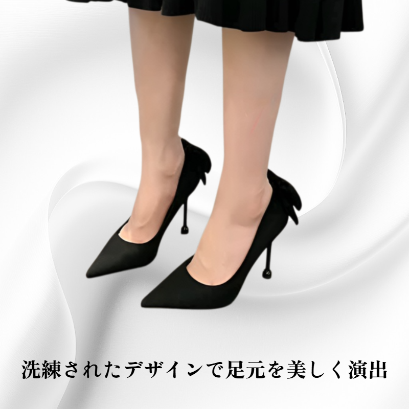女性用ブラックレザーリボン付きポインテッドトゥハイヒール