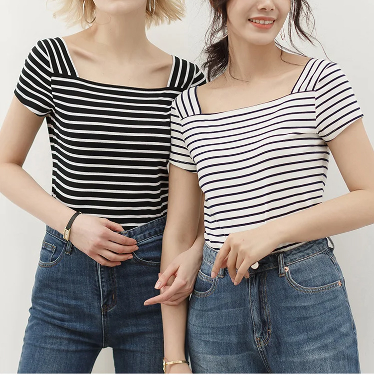 カラーバリエーション豊富なストライプニットTシャツ