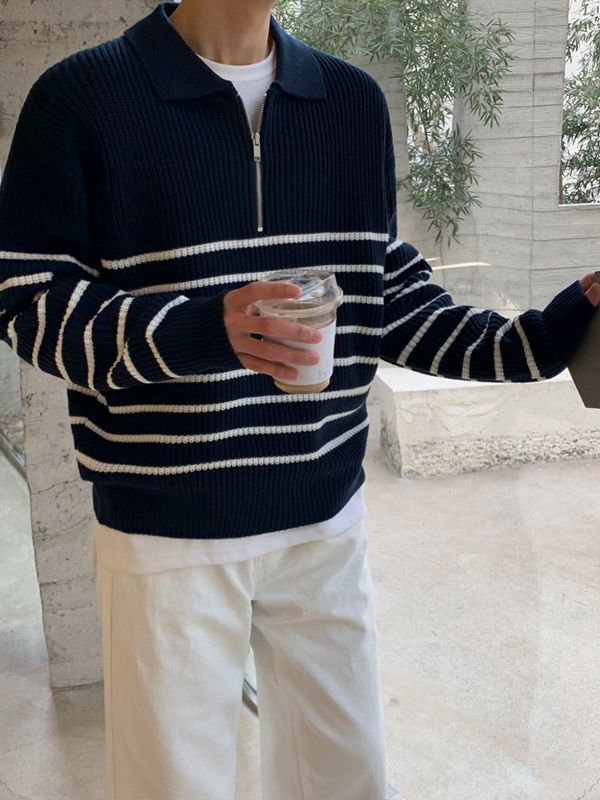 Men's autumn loose retro casual half-zip polo striped long-sleeved sweater