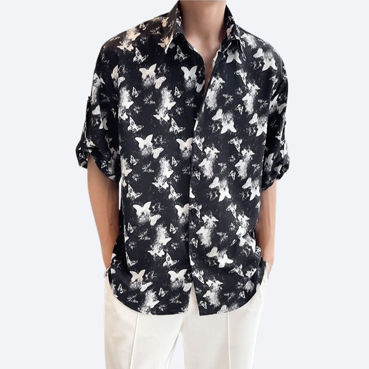 남성 나비 프린트 아이스 와이드 셔츠