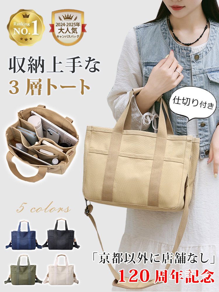 【すっきり整理整頓】多ポケットキャンバストートバッグ