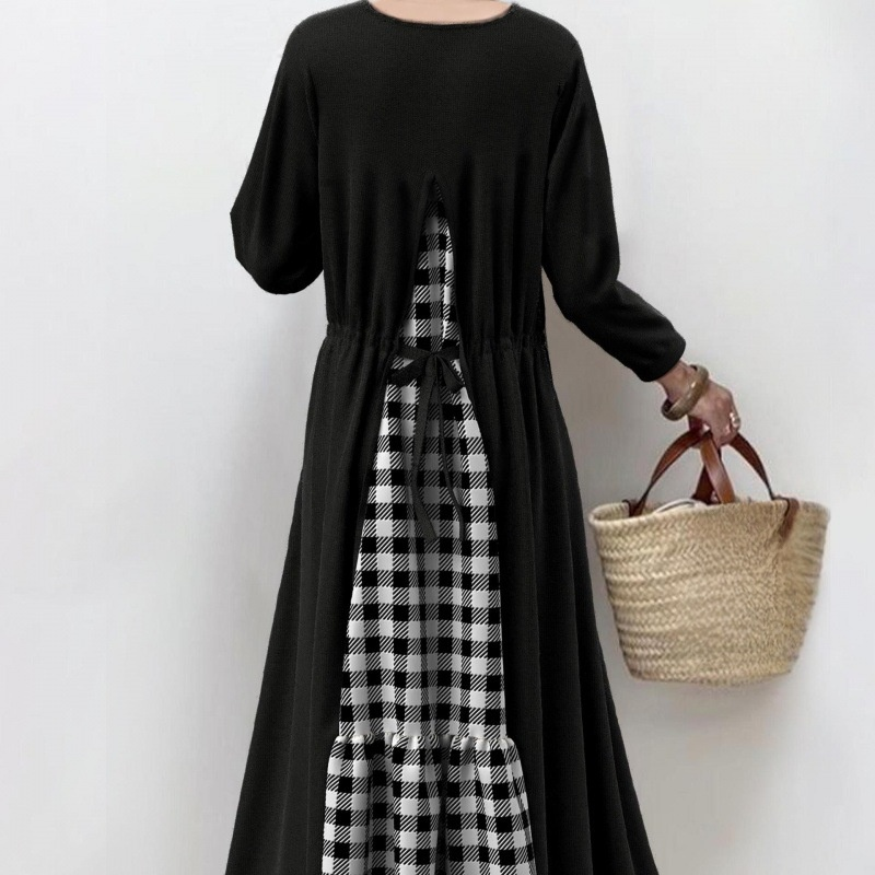 チェック柄長袖タイドドレス バックドレス チェック柄長袖ドレス