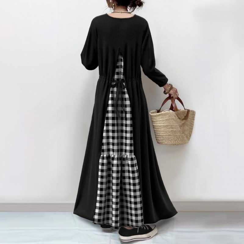 チェック柄長袖タイドドレス バックドレス チェック柄長袖ドレス