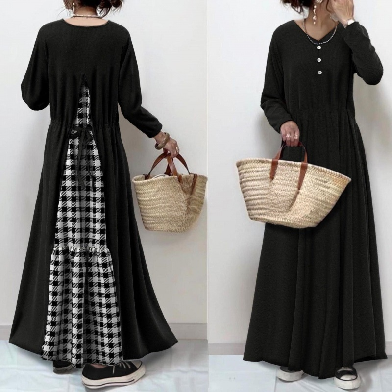チェック柄長袖タイドドレス バックドレス チェック柄長袖ドレス