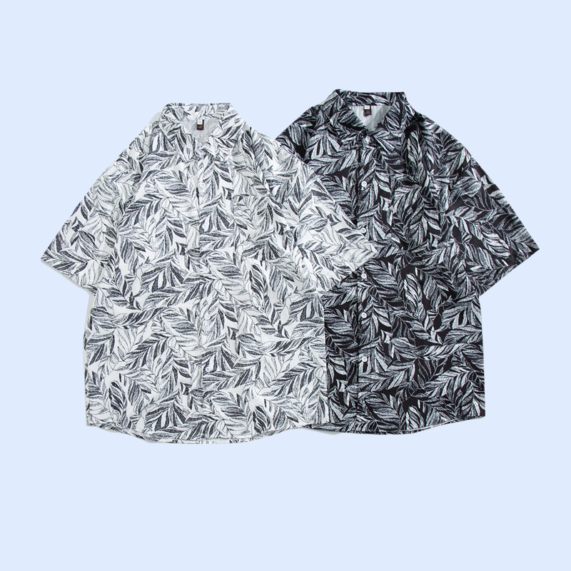 2025 여름 남녀공용 한류 나뭇잎 프린트 루즈핏 반팔 셔츠, 해변용 플라워 셔츠