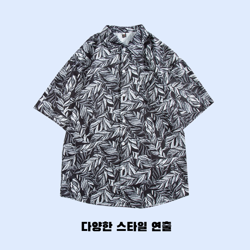2025 여름 남녀공용 한류 나뭇잎 프린트 루즈핏 반팔 셔츠, 해변용 플라워 셔츠