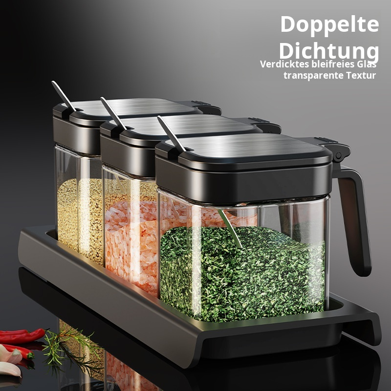 Gewürzglas aus Glas, Gewürzbox mit Löffel, Gewürzbox, Gewürzflasche, Kombination aus Gewürzglas, Auf