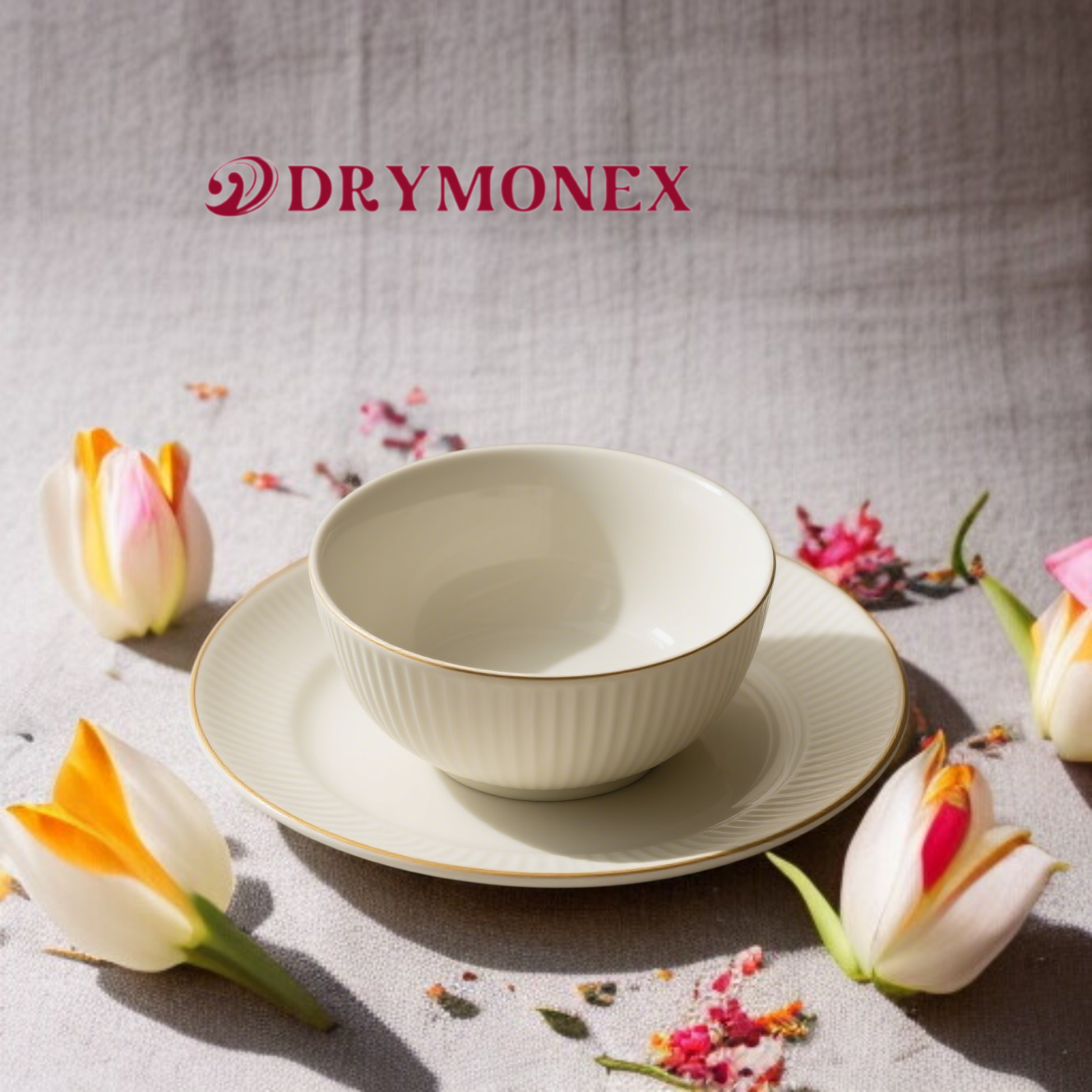 純白のボーンチャイナのボウルとプレートのセット