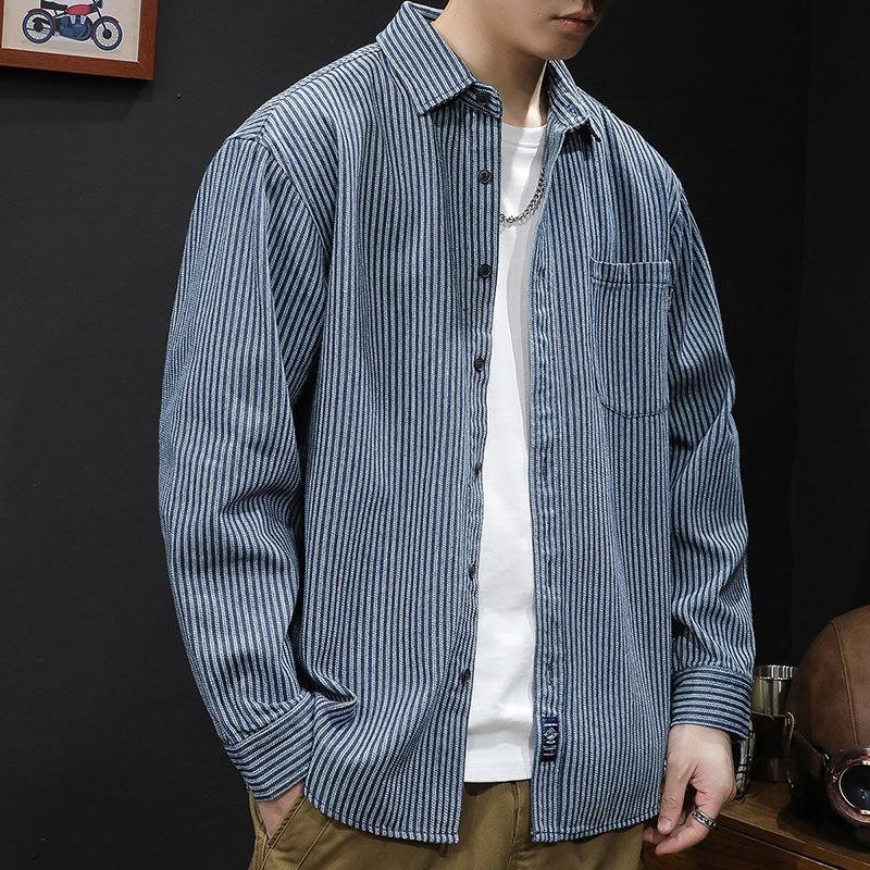 남자 스트라이프 아우터 셔츠 캐주얼 상의 데님 셔츠 긴팔 남자 셔츠