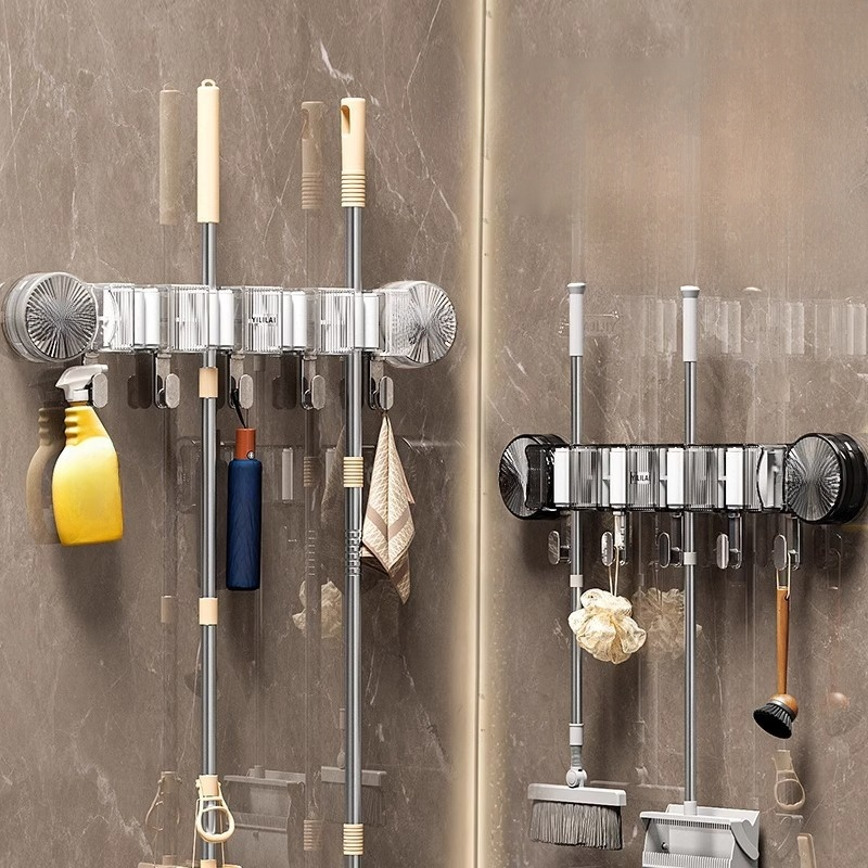 吸盤免打孔排拖把架