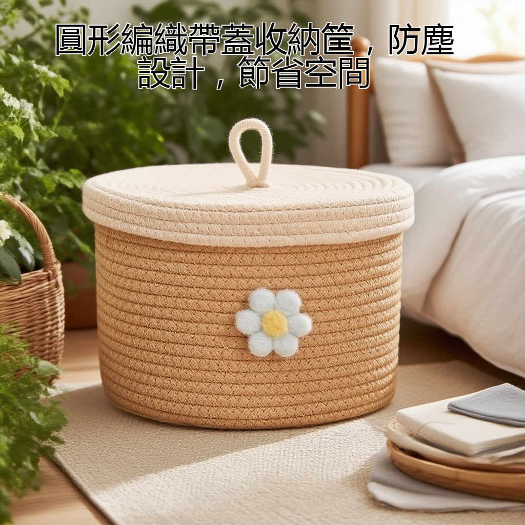 圓形編織帶蓋收納筐