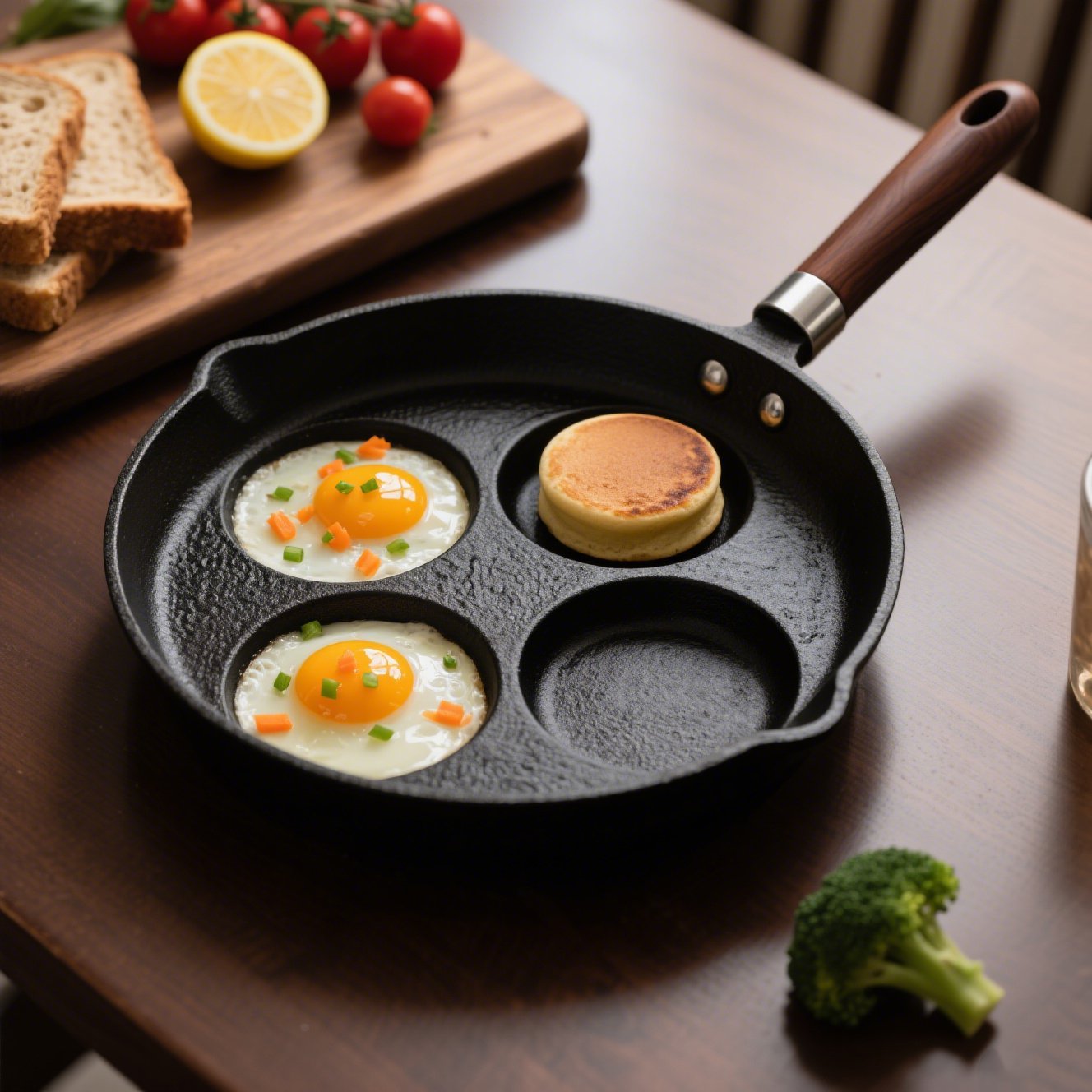 Vierfach-Eierpfanne aus Gusseisen, extra tief, ideal für Hamburger und Eier