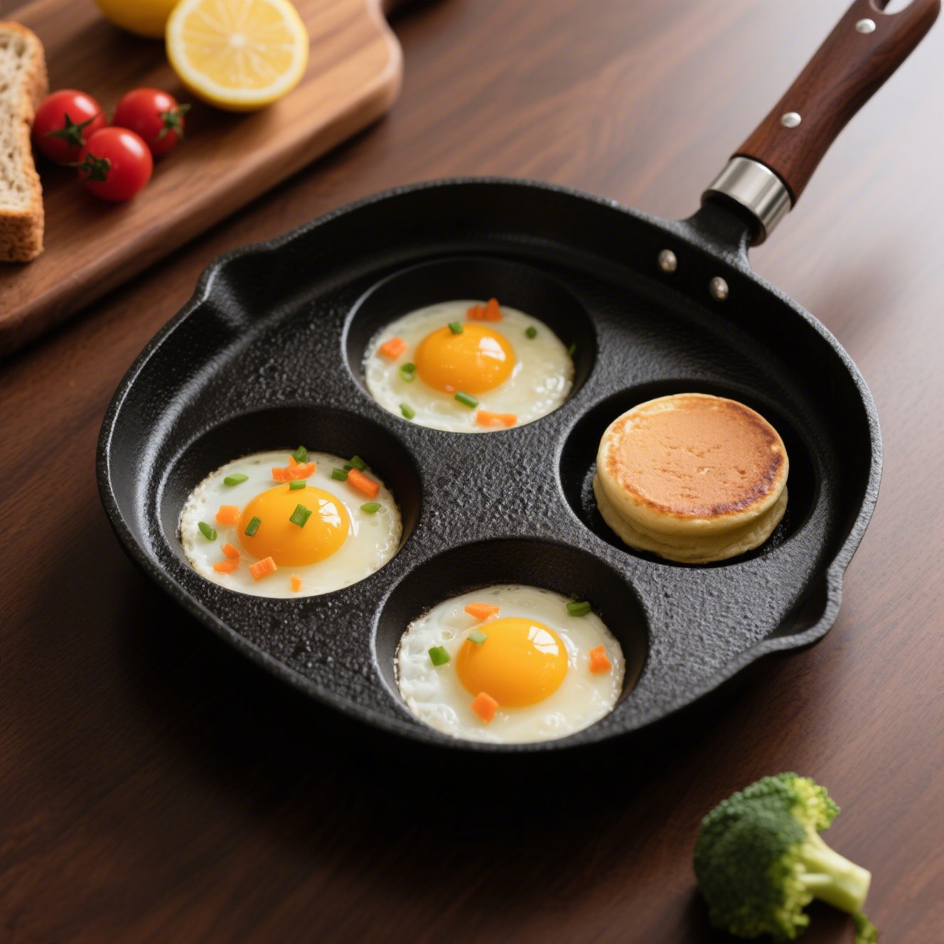 Vierfach-Eierpfanne aus Gusseisen auf dem Herd