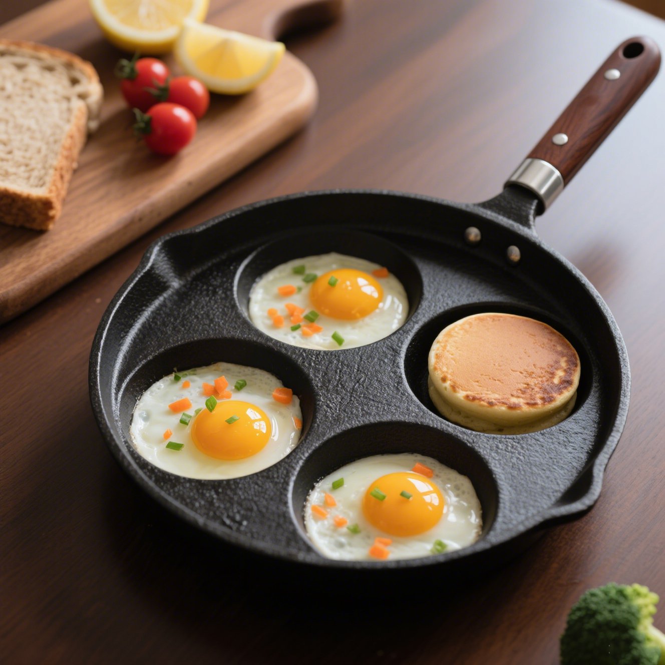 Vierfach-Eierpfanne aus Gusseisen, extra tief, ideal für Hamburger und Eier