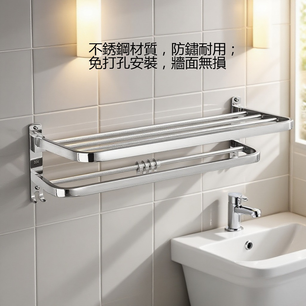 浴室不銹鋼免打孔毛巾置物架