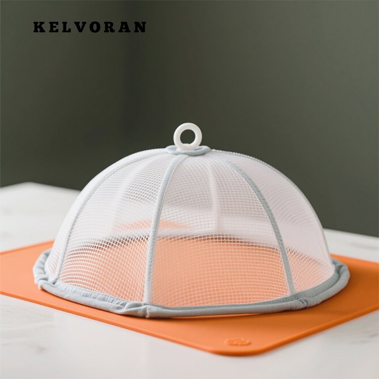 Mesh food cover protecting dishes on dining table