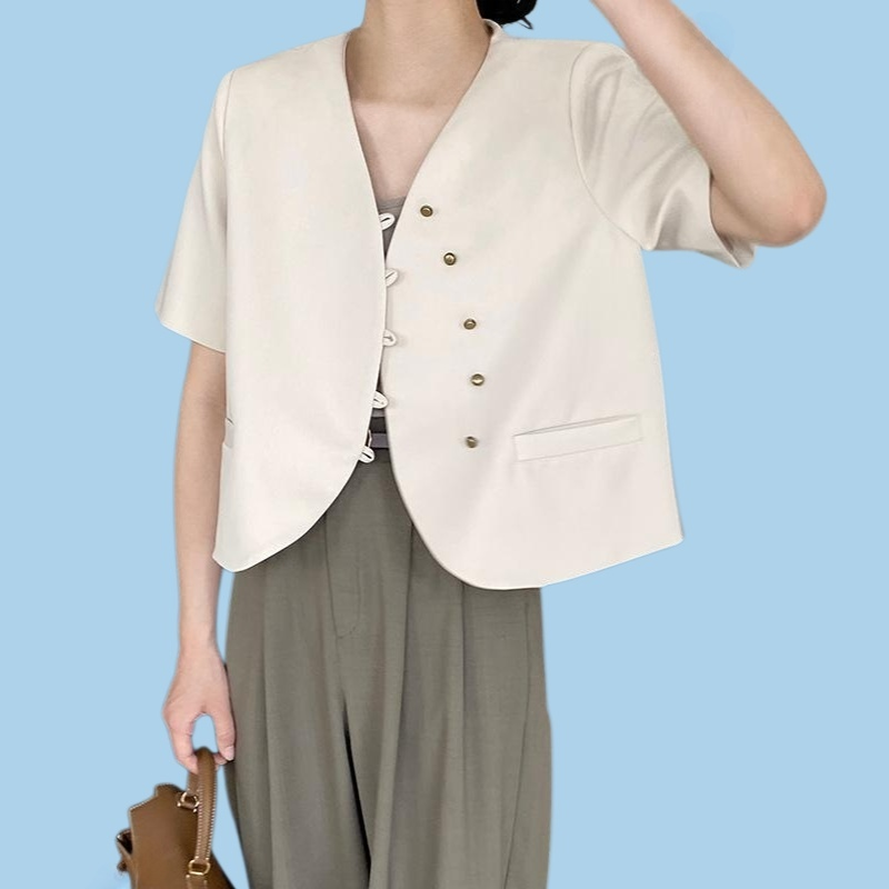 デザイン感マイナーピュアカラーvネック半袖