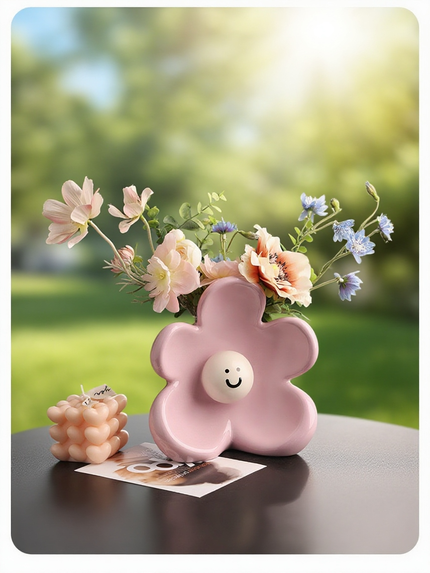 Detail keramické vázy na květiny s úsměvem