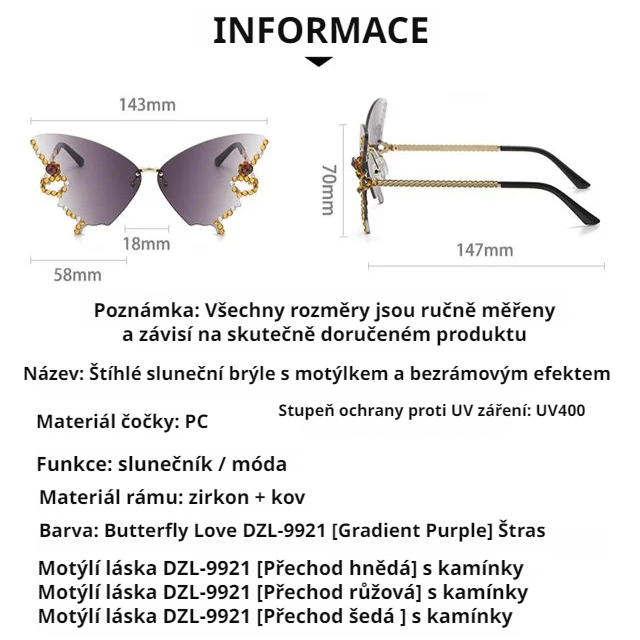  Diamantový motýlí bezrámové sluneční brýle na zeštíhlení obličeje