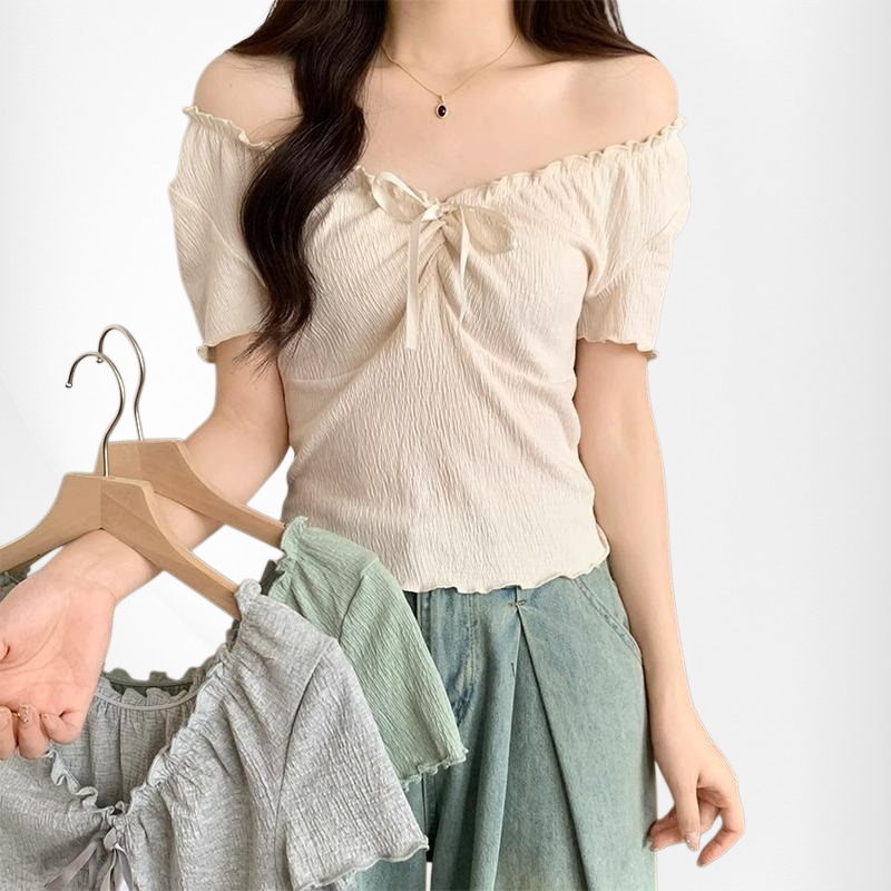 Kurzärmeliges Slim-Fit-Croptop mit Spitzen- und Rüschenverzierung für Frühling und Sommer