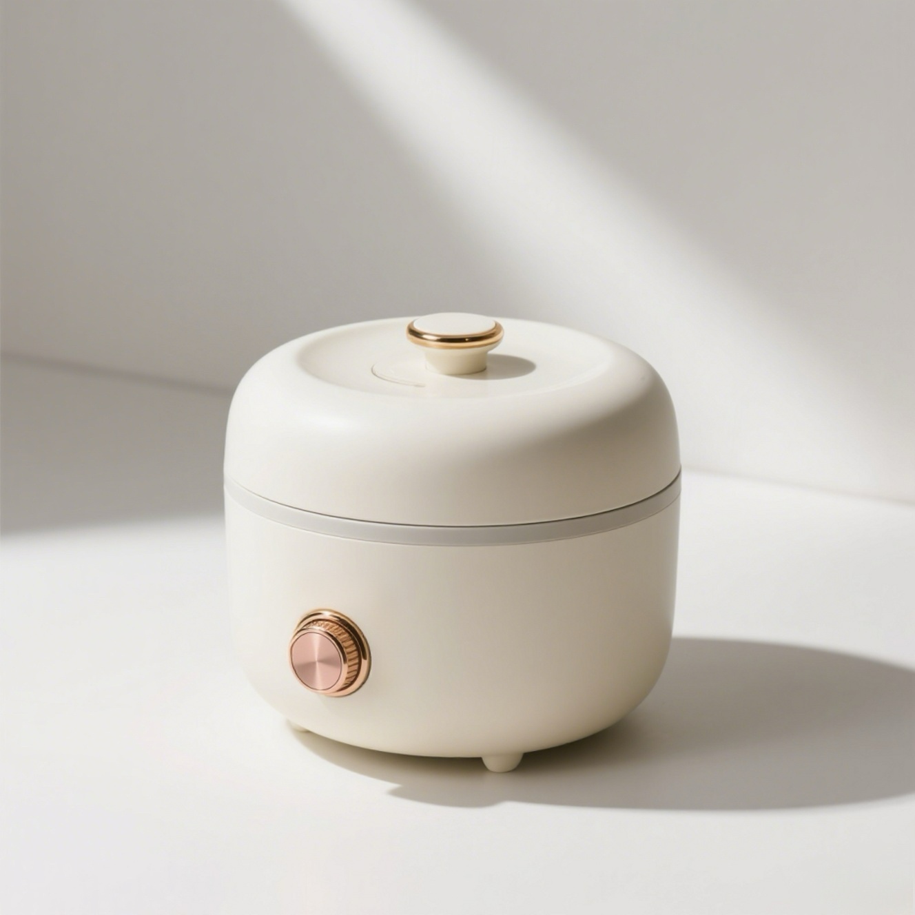 Mléčně bílý malý elektrický hrnec na vaření rýže na kuchyňské lince