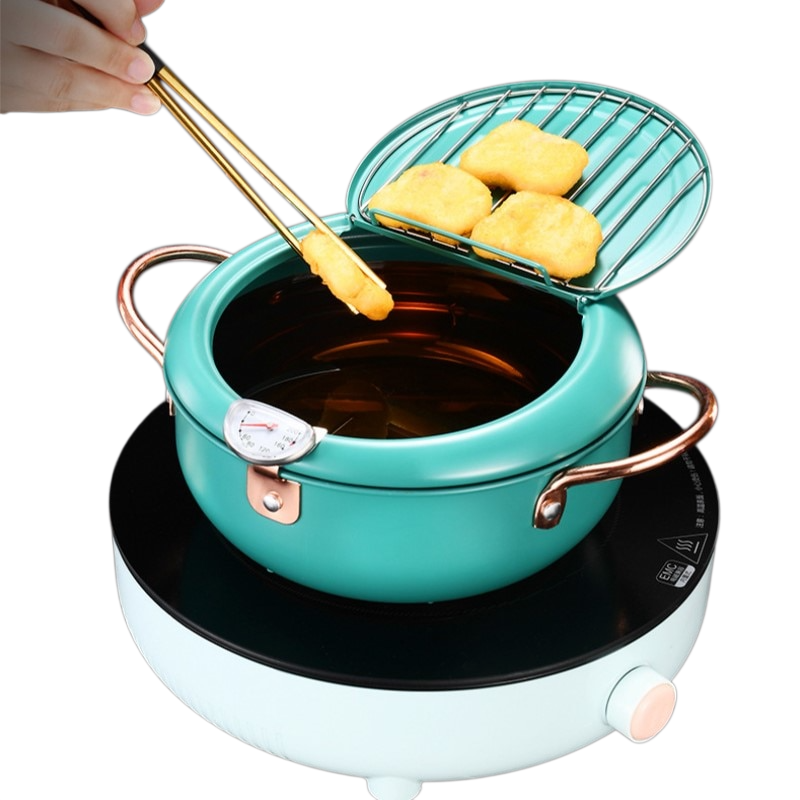 蓋と温度調節機能付きの揚げ物器、温度計付きの日本の天ぷら用小型フライヤー、電磁調理器対応