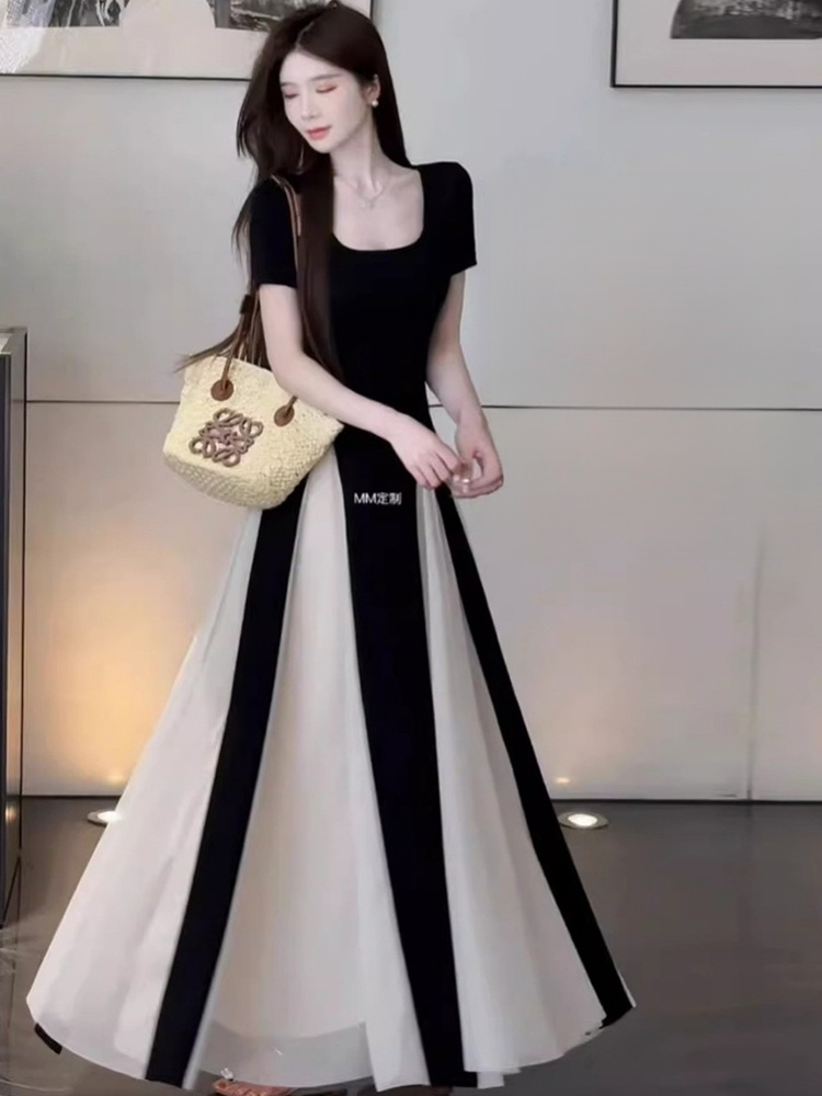 프렌치 스타일 허리 잡은 패치워크 원피스