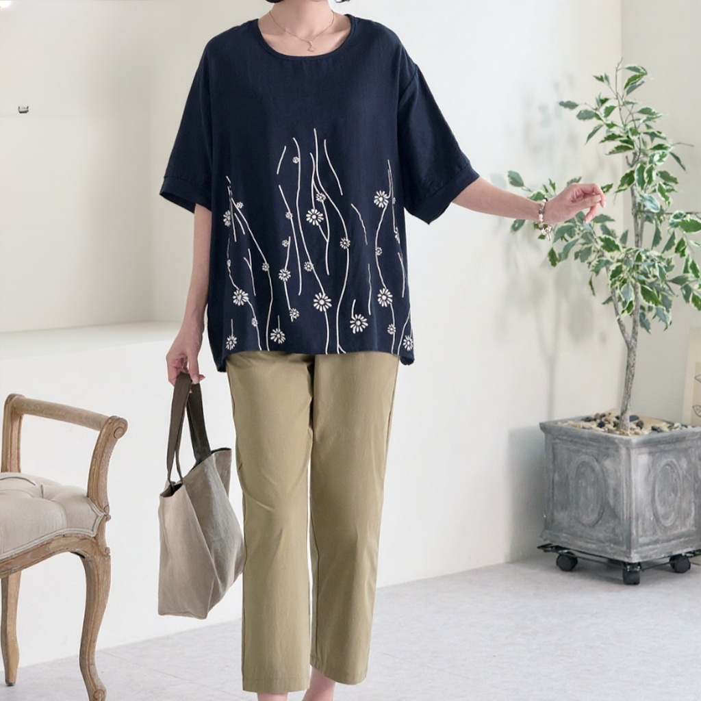 엄마 빅사이즈 루즈핏 라운드 셔츠 여성 텐셀 상의 루즈핏 여성 라운드 루즈핏 티셔츠