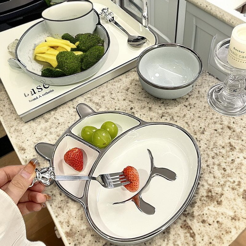 Ceramic compartmentalized dinner plate for adults to lose weight, cute dish plate for one person to 