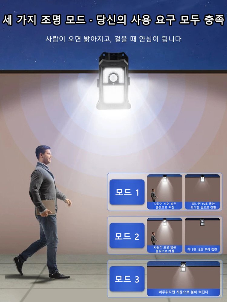 스마트 센서가 장착된 태양광 클립 라이트, 전기 요금이 필요 없으며 태양광으로 자동 충전됩니다.