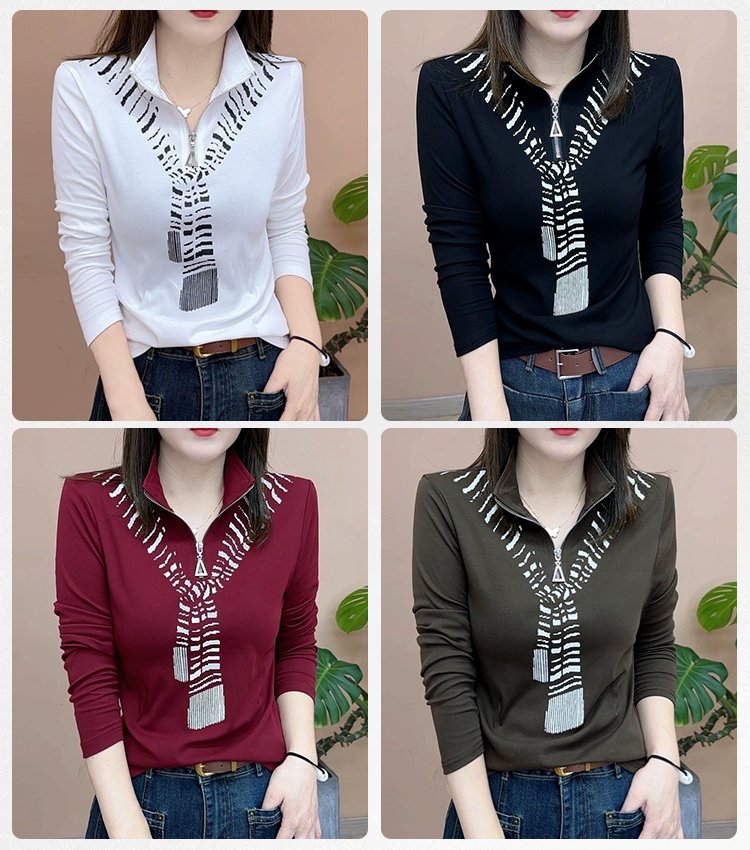 ハーフジッププリント柄長袖トップス