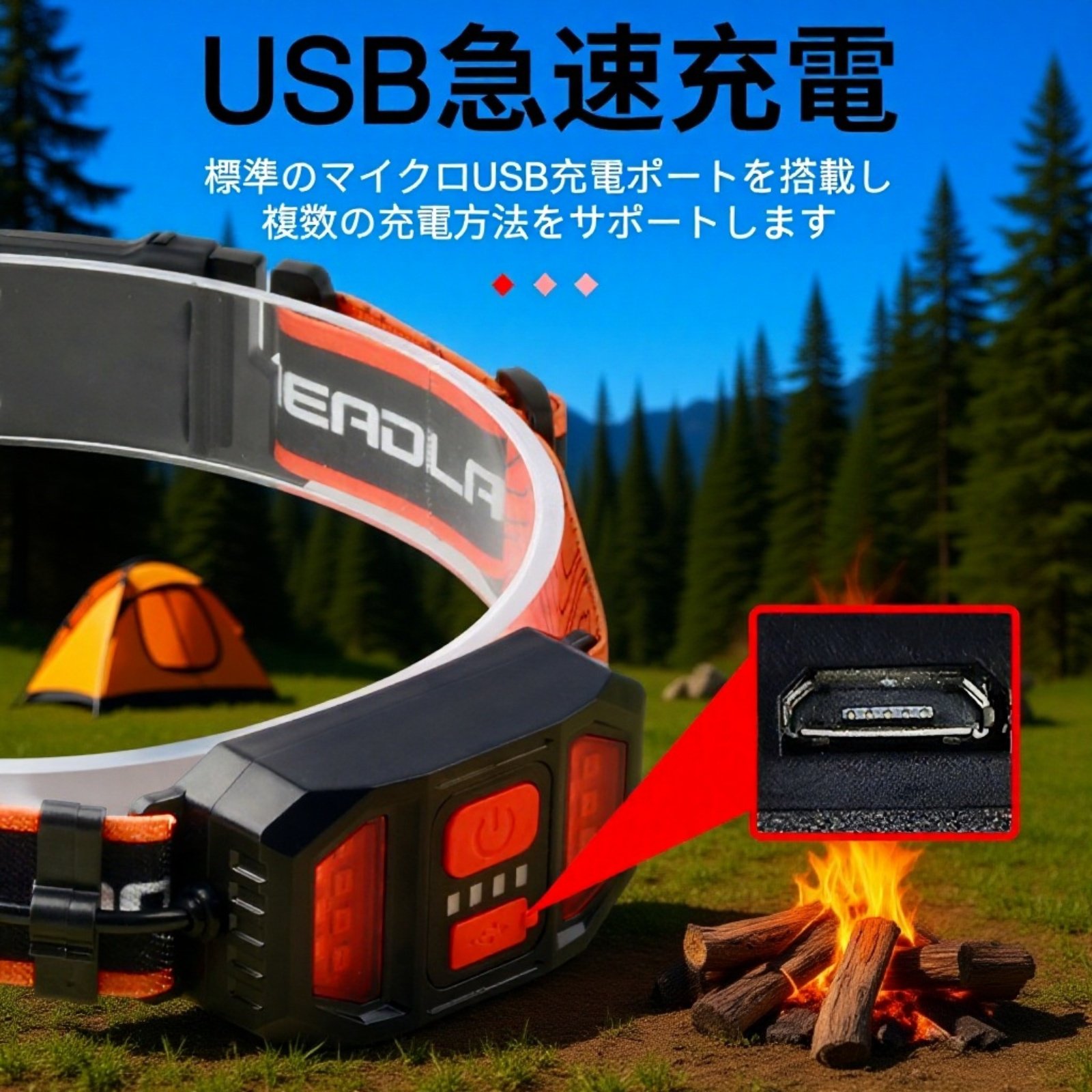 LED充電式ヘッドライト 超軽量 USB充電 屋外用