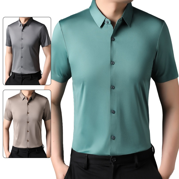 アイスシルク シワになりにくい半袖シャツ メンズ、 ビジカジ系ドレープ感冷感シャツ、 夏用 薄手 中年男性向け  